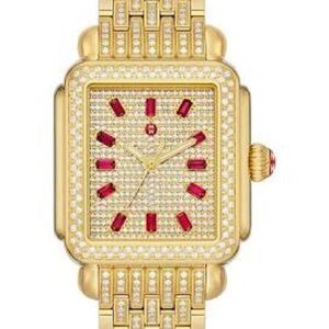 STUNNING LIMITED EDITION MICHELE DECO RUBY DIAMOND GOLD WATCH WITH BOX & TAGS